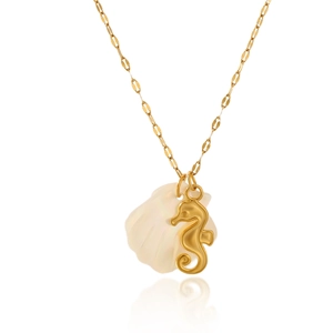 Detail view of 18K gold stainless steel necklace with seahorse and shell pendants