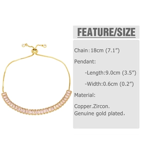 Detail showing adjustable gold bracelet with pink rectangular zircon stones inlay