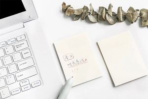 Close-up of translucent beige sticky notes with pen on a modern minimalist desk