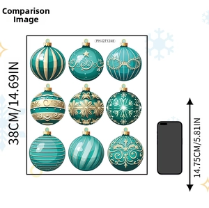 Detailed size comparison of blue and gold Christmas ball wall stickers with height labels