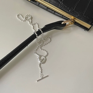 925 silver irregular bead necklace with T-bar clasp and water drop pendant on black leather