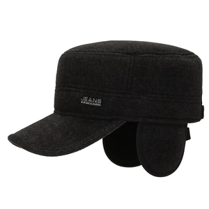Winter thermal earflap flat top army cap in thick wool blend for men with metal logo detail