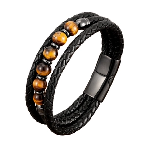 Men's multilayered black braided leather bracelet with tiger eye beads and magnetic clasp
