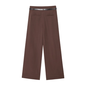Rear view of dark brown high-waisted wide-leg trousers with a slim black belt