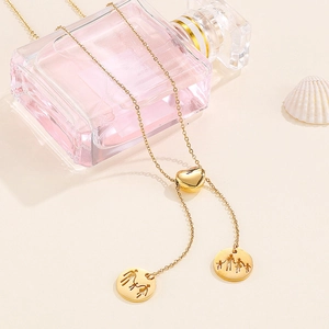 Golden Y-shaped titanium steel necklace with heart slide and family silhouette pendants