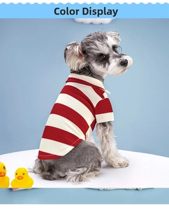 Detail view of red and white striped pet POLO shirt showing breathable cotton fabric texture