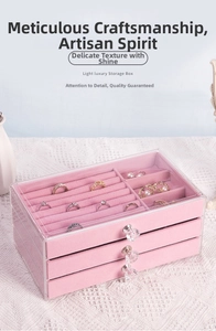 Detailed view of 3-layer clear acrylic jewelry box with pink velvet drawers and crystal handles