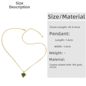 Detailed technical specifications for heart pendant necklace with green zircon in gold