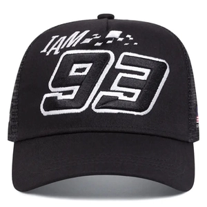 Racing style black trucker hat with 93 embroidery and breathable mesh panels