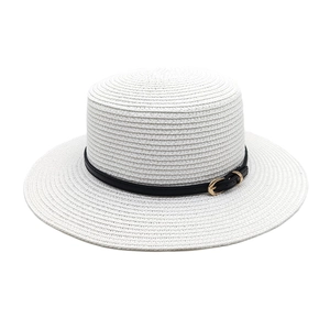 Elegant white straw boater hat with black leather band and gold buckle for sun protection