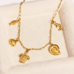 Stainless Steel Ocean Charm Necklace Gold Plated Beach Mermaid Turtle Shell Fish Pendant Clavicle Chain Jewelry Women