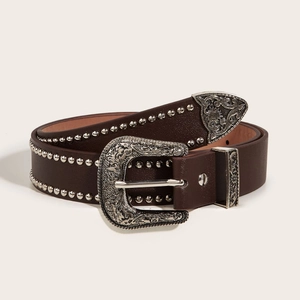 Western Belt Faux Leather Silver Carved Buckle Vintage Punk Rivet Studded Waistband For Jeans Women Men