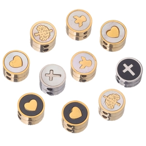 Round Enamel Stainless Steel Beads Heart Cross Tree Of Life Angel Patterns DIY Jewelry Making Findings