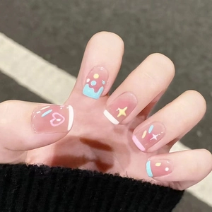 Press On Nails Pink Blush Heart Star Pattern Sweet Colorful Candy Color ABS Square Round False Nails Summer Hand Painted Style