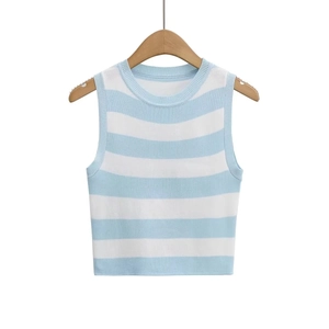 Close-up of blue and white striped knit tank top texture on a wooden hanger
