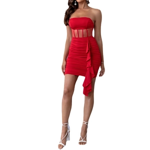 Sexy red strapless mini dress with mesh corset waist and ruffle side detail for parties