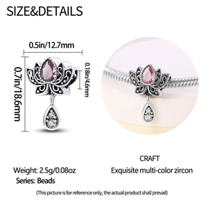 Silver lotus charm with pink zircon teardrop stone and detailed product dimensions