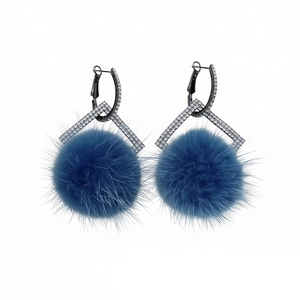 Deep blue faux fur pom-pom earrings with diamond-encrusted rhombic studs for women