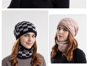 Detail of checkered knit hat and neck warmer set in black-grey and pink colors