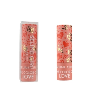 Pink lipstick duo with red heart patterns and gold Love prints in transparent box