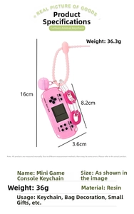 Pink mini Tetris keychain dimensions 8.2cm x 3.6cm with detailed size labels and resin texture