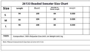 Size chart for beaded crew neck knit sweater showing S, M, L dimensions in centimeters