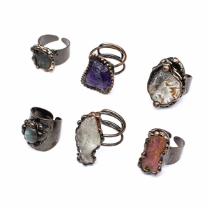 Set of six vintage copper rings with natural agate druzy stones in various colors