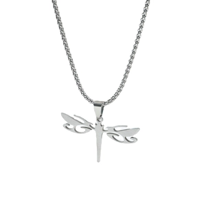 Minimalist hollow dragonfly pendant necklace in polished silver stainless steel