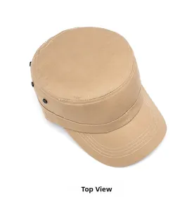 Top view of khaki cotton cadet cap showing flat crown and reinforced stitched brim
