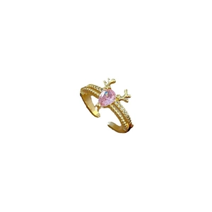 Adjustable golden deer antler ring with pink pear-cut stone and sparkling accents