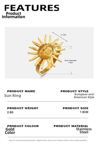 Detail view of 18K gold plated stainless steel sun ring with dimensions and weight specs
