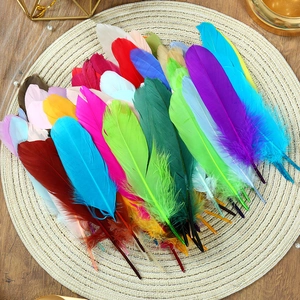 Close-up of colorful natural goose feathers for DIY crafts on a rustic woven background