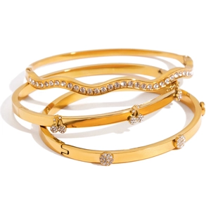 Three-piece gold stainless steel rhinestone clasp bracelet set with cherry and wave designs