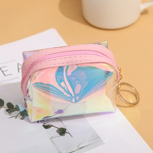 Macro shot of iridescent laser TPU coin purse with pink zipper and gold keychain hook