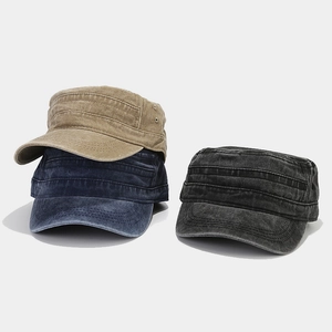 Washed cotton military caps in khaki, navy, and charcoal with retro flat top design