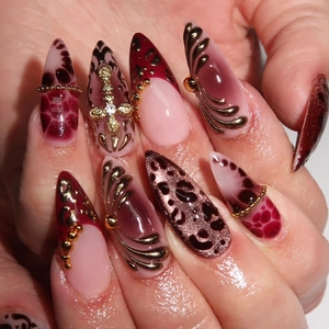 French Red Leopard Print Press On Nails With 3D Rhinestone Cross Charms Long Square Artificial Fake Nails For Women