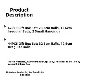 Specifications of Christmas ornament sets including 42 or 44 pieces in 3cm and 6cm sizes