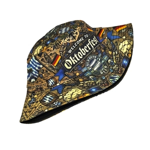 Detail of Oktoberfest fisherman hat with beer mug motifs and German flag patterns