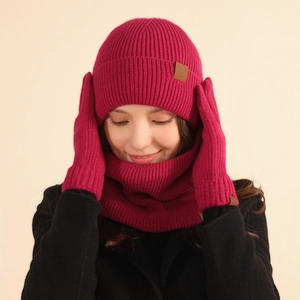 Winter 3-piece knit set with beanie, neck gaiter, and touch gloves in vibrant rose red