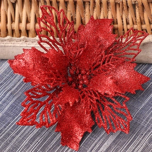 Red glitter Christmas flower decoration with hollow petals for festive tree ornament
