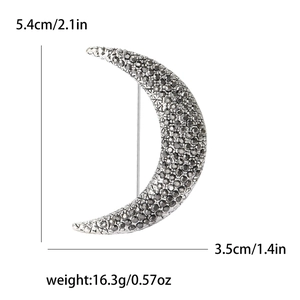 Elegant silver moon brooch with rhinestones for suits, dimensions 5.4cm x 3.5cm