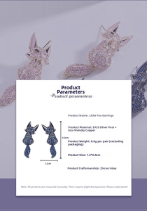 Detail showing S925 silver fox earrings with zircon inlay specifications and measurements