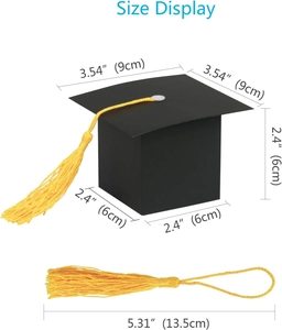 Detailed size chart for mini graduation cap gift box with yellow tassel and black body