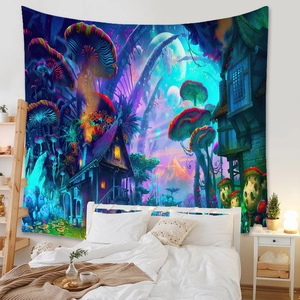 Detailed bedroom setup showing large glowing mushroom tapestry on headboard wall