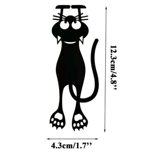 Cute black cat silhouette bookmark with 3D cartoon design and size dimensions