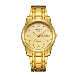 Men's luxury gold stainless steel quartz watch with champagne Roman numeral dial