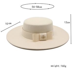Flat top wool boater hat details with 10cm wide brim and golden bee ribbon ornament