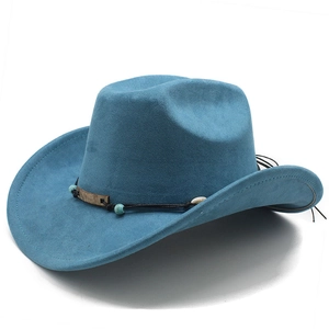 Detail of teal faux suede cowboy hat with turquoise beads and wooden plaque trim