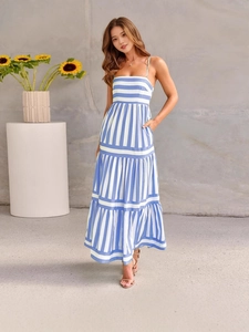 Elegant blue and white striped camisole maxi dress with tiered skirt and cinched waist
