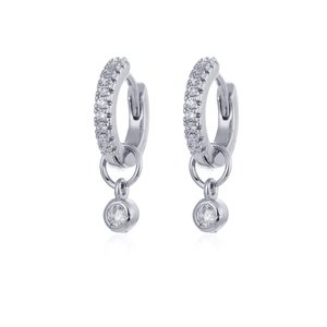 Sparkling silver hoop earrings with round zircon drop pendants on white background